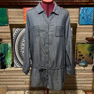 Old Navy Blue Chambray Tunic Drawstring drop waist Long roll-tab Sleeves NWOT LG